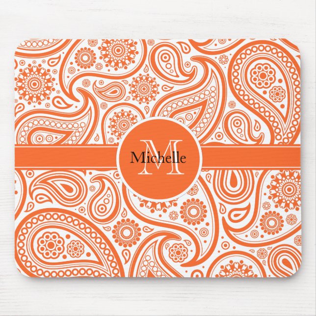 Orange Floral Paisley Monogram Pattern Mouse Mat (Front)