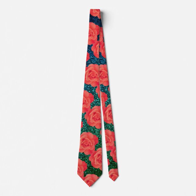Orange Floral Pattern Green Glitter Gift Favor Tie (Front)