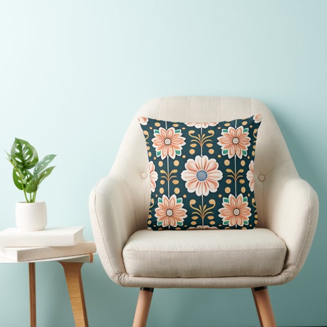 Orange Floral Pattern on a Black Background Cushion (Chair)