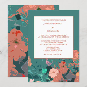 Orange Floral Peach Flowers Green Leaf Art Wedding Invitation