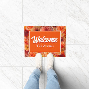Orange Floral Personalised Entry Way Welcome Doormat