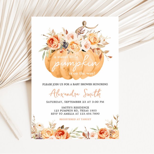 Orange Floral Pumpkin Baby Shower  Invitation (Pumpkin Floral Baby Shower Invitation)