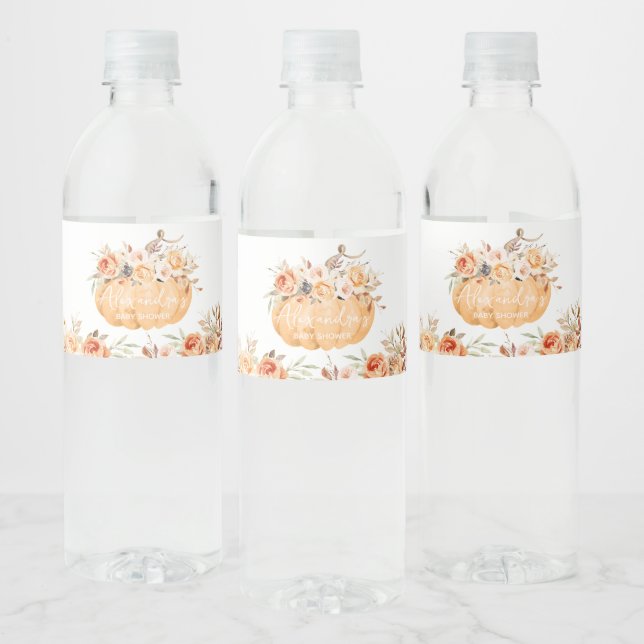 Orange Floral Pumpkin Baby Shower  Water Bottle Label (Bottles)