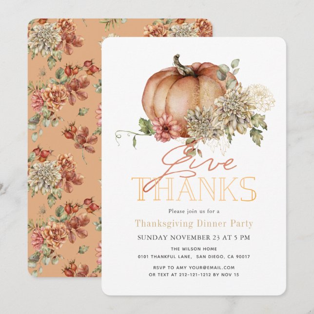 Orange Floral Pumpkin Thanksgiving Dinner Invitation (Front/Back)