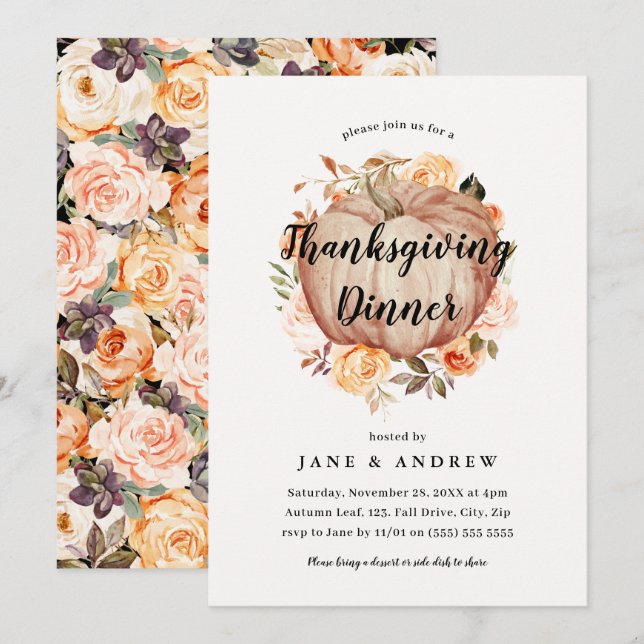 Orange Floral Pumpkin Thanksgiving Dinner  Invitation (Front/Back)