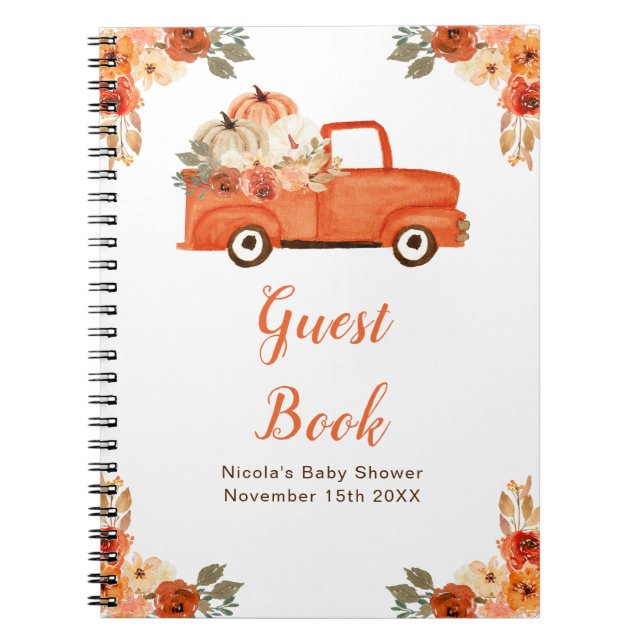 Orange Floral Pumpkin Truck Baby Shower Guest Book (Front)