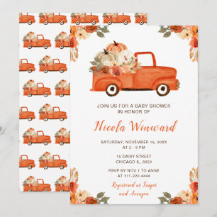 Orange Floral Pumpkin Truck Baby Shower Invitation