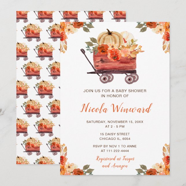 Orange Floral Pumpkin Truck Baby Shower Invitation (Front/Back)