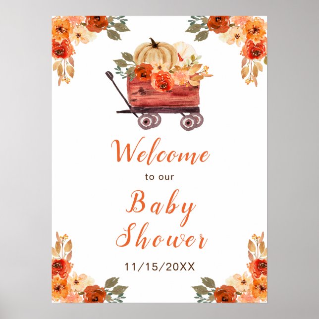 Orange Floral Pumpkin Truck Baby Shower Poster (Front)