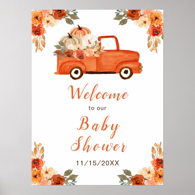 Orange Floral Pumpkin Truck Baby Shower Poster (Front)