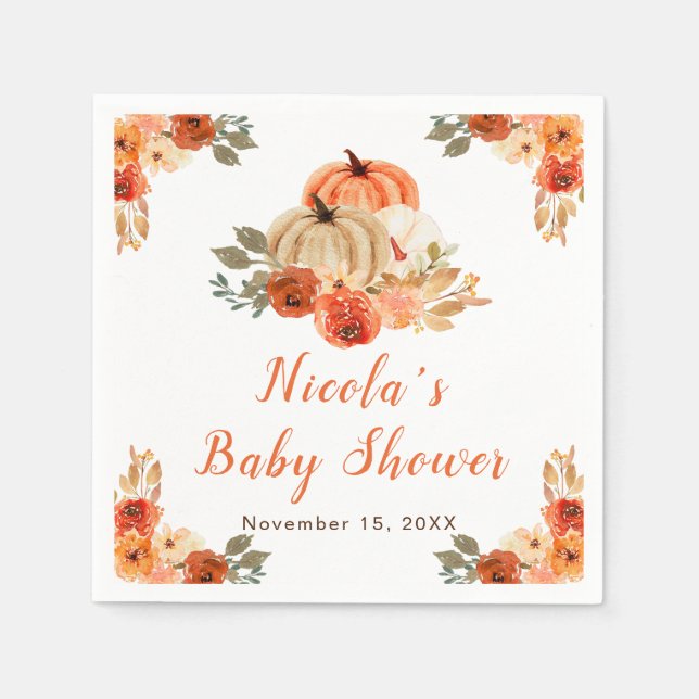 Orange Floral Pumpkins Baby Shower  Napkin (Front)
