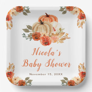 Orange Floral Pumpkins Baby Shower Paper Plate