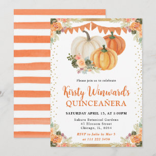 Orange Floral Pumpkins Fall Quinceanera Invitation