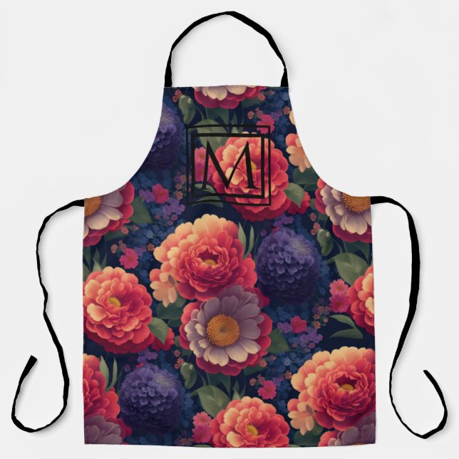 Orange floral purple flowers mum peony floral  apron (Front)