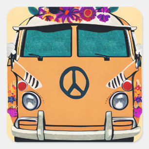 Orange Floral Retro Hippie Van Vintage Art Square Sticker