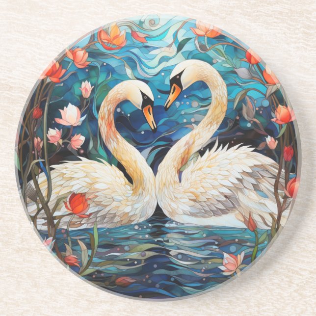 Orange Floral Romantic Swans Stained Glass Coaster (Front)