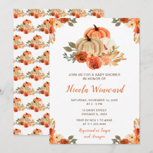 Orange Floral Rustic Pumpkins Baby Shower Invitation