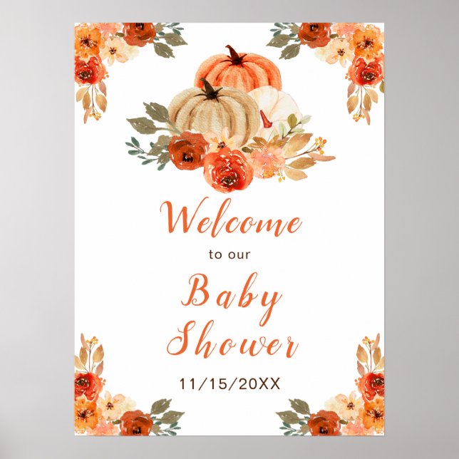 Orange Floral Rustic Pumpkins Baby Shower Poster (Front)
