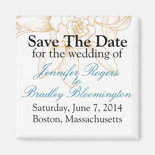 Orange Floral Save The Date Wedding Magnets Favour (Front)