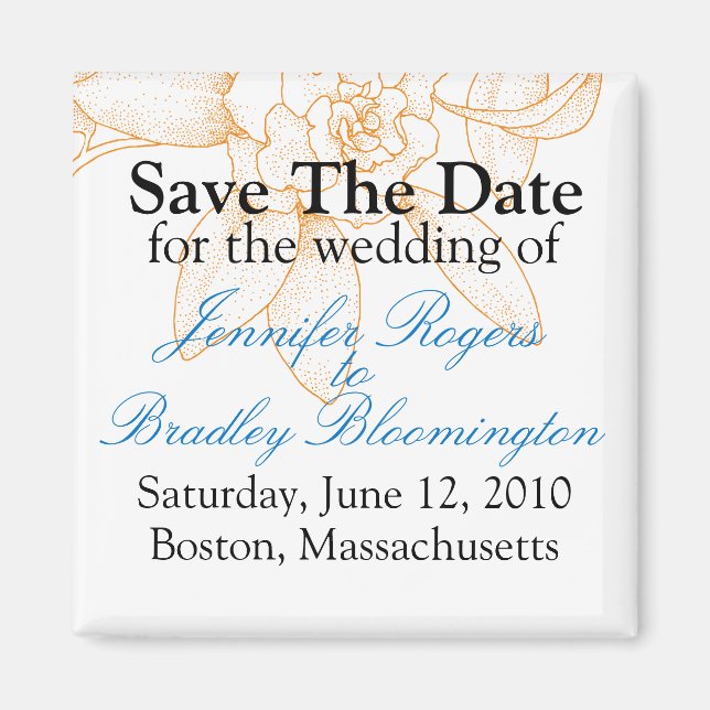 Orange Floral Save The Date Wedding Magnets Favour (Front)