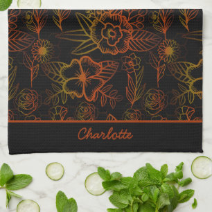 Orange floral seamless pattern personalised name  tea towel