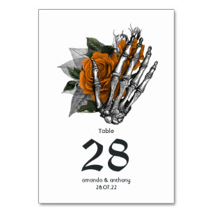 Orange Floral Skeleton Gothic Wedding Table Number