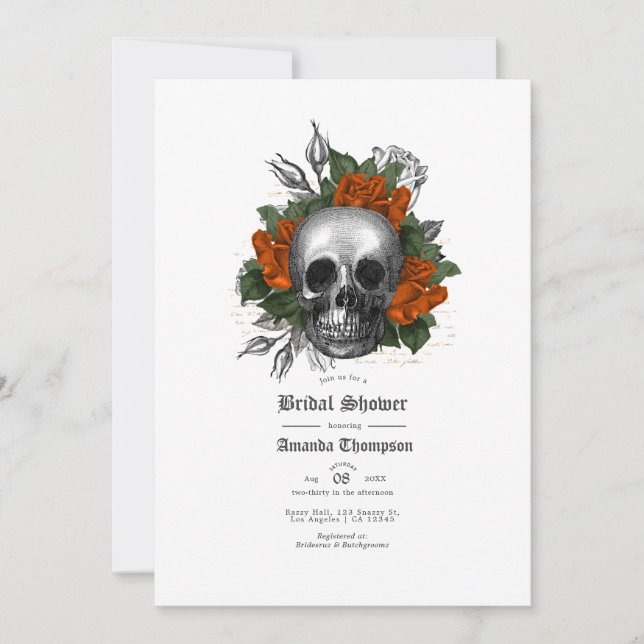 Orange Floral Skull Gothic Bridal Shower Invitation (Front)