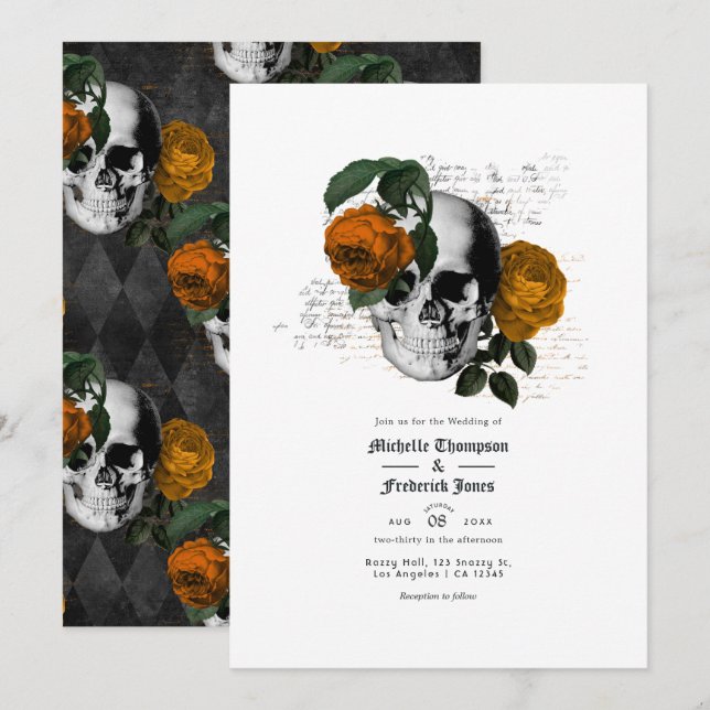 Orange Floral Skull Gothic Wedding Invitation (Front/Back)