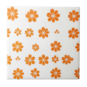 Orange Floral Stencil Pattern on White Background Tile