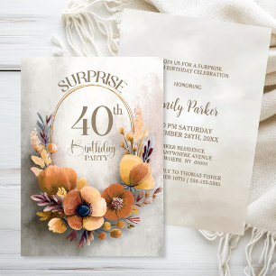 Orange Floral Surprise 40th Birthday Party Invitation