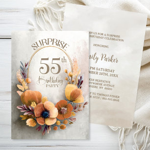 Orange Floral Surprise 55th Birthday Party Invitation