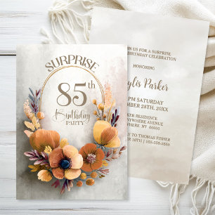Orange Floral Surprise 85th Birthday Party Invitation