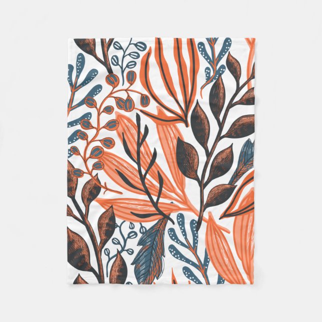 Orange Floral themed Fleece Blanket (Front)