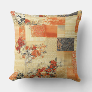 Orange Floral Vintage Japanese Kimono Patchwork Cushion