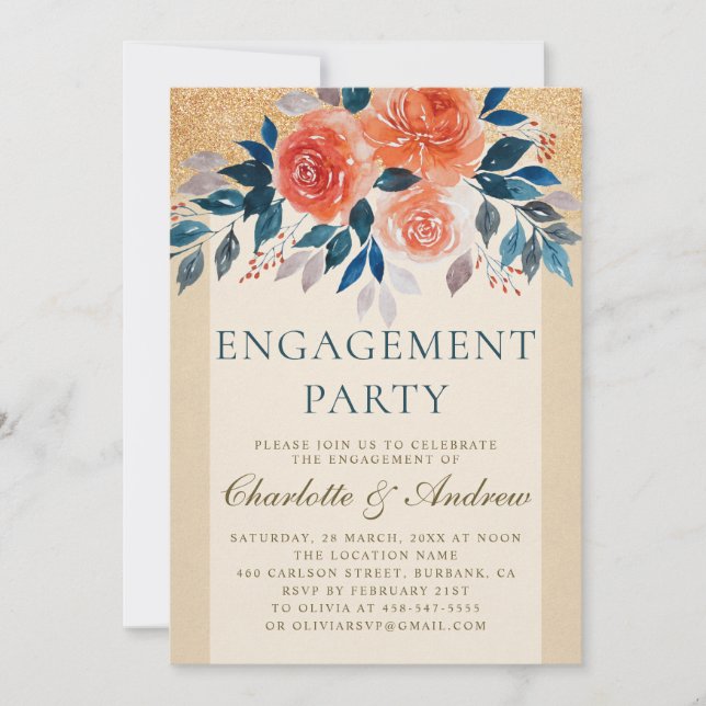 Orange Floral Watercolor Elegant Engagement Party Invitation (Front)