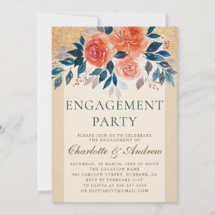 Orange Floral Watercolor Elegant Engagement Party Invitation
