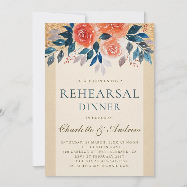 Orange Floral Watercolor Elegant Rehearsal Dinner Invitation (Front)