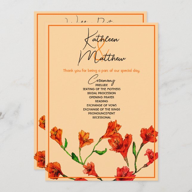 Orange Floral Watercolor Wedding Programme (Front/Back)