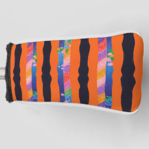 Orange Floral Wavy Stripe Pattern Golf Head Cover
