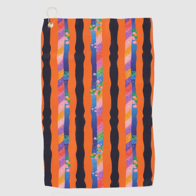 Orange Floral Wavy Stripe Pattern Golf Towel (Front)