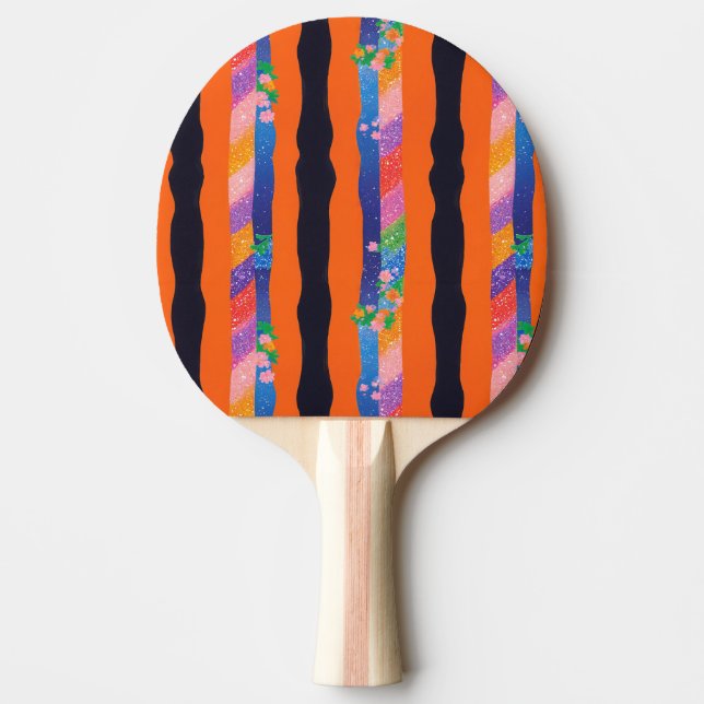 Orange Floral Wavy Stripe Pattern Ping Pong Paddle (Front)