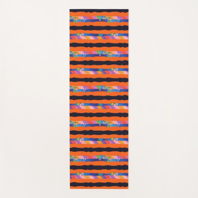 Orange Floral Wavy Stripe Pattern Yoga Mat (Front)