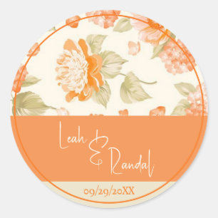 Orange Floral Wedding Classic Round Sticker