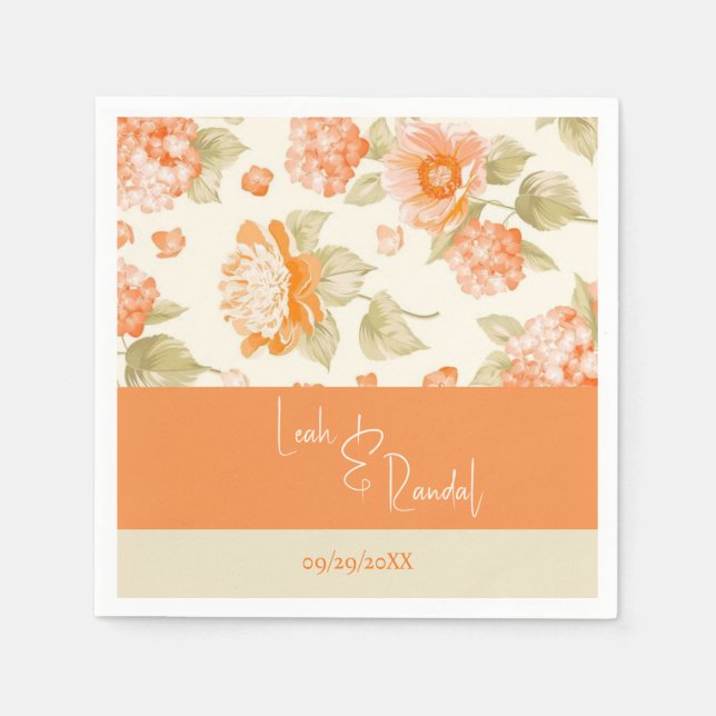 Orange Floral Wedding Paper Cocktail Napkins (Front)