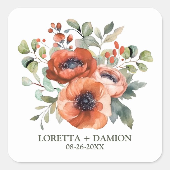 Orange Floral Wedding Square Sticker (Front)