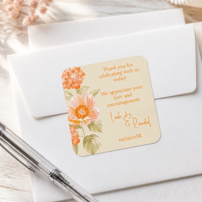 Orange Floral Wedding Square Sticker (Creator Uploaded)