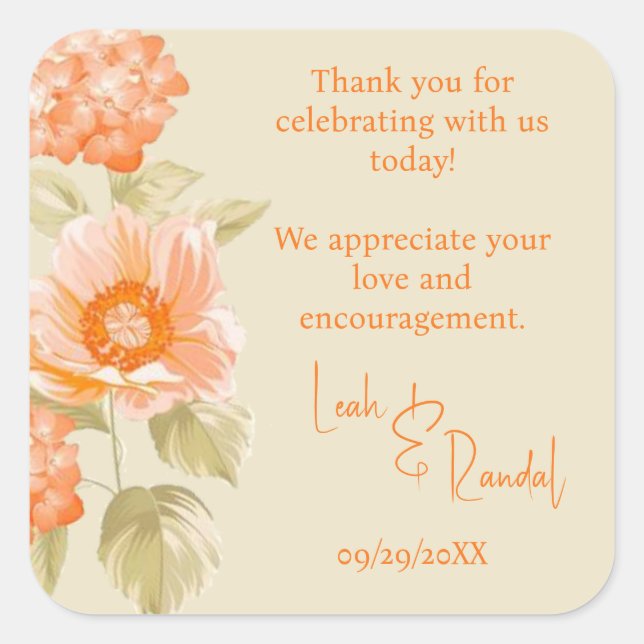 Orange Floral Wedding Square Sticker (Front)