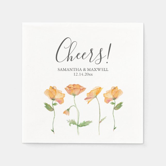 Orange Floral Wedding Theme Custom Cocktail Napkin (Front)