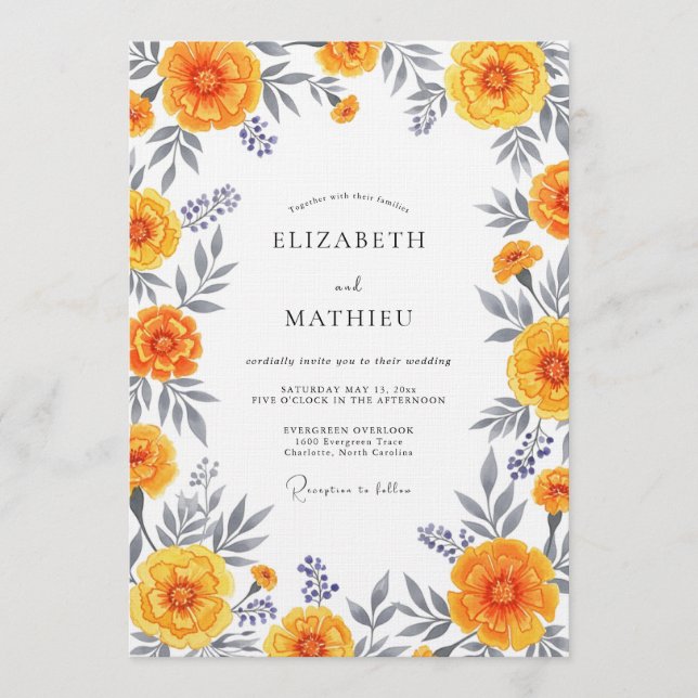 Orange Floral Whimsy Wedding Invitation (Front)