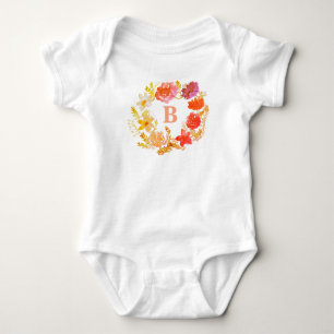 Orange Floral Wreath Baby Girl Initial Monogram Bodysuit